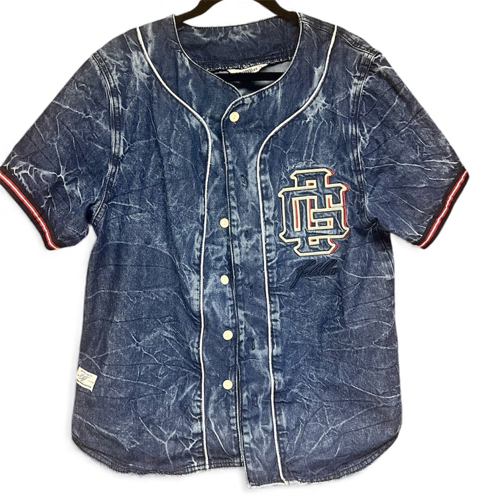Rare Vintage Acid Wash Baseball Jersey OF – Y2K Streetwear Denim Look Size S Man
